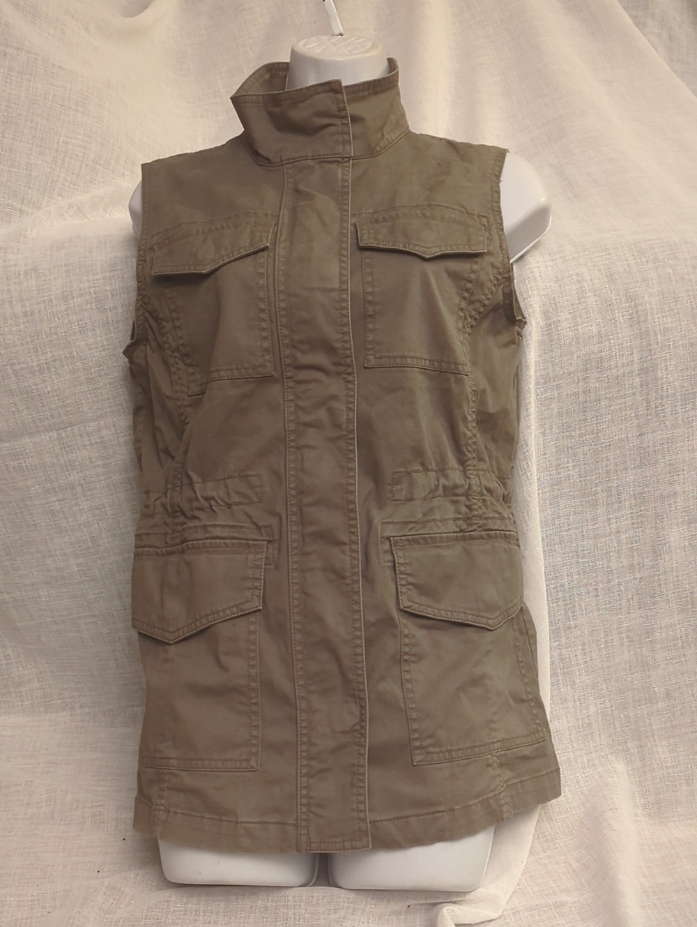 Banana Republic Olive Green Safari Utility Vest Sleeveless Jacket Stand Collar